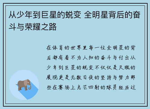 从少年到巨星的蜕变 全明星背后的奋斗与荣耀之路